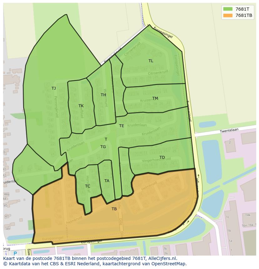 Afbeelding van het postcodegebied 7681 TB op de kaart.