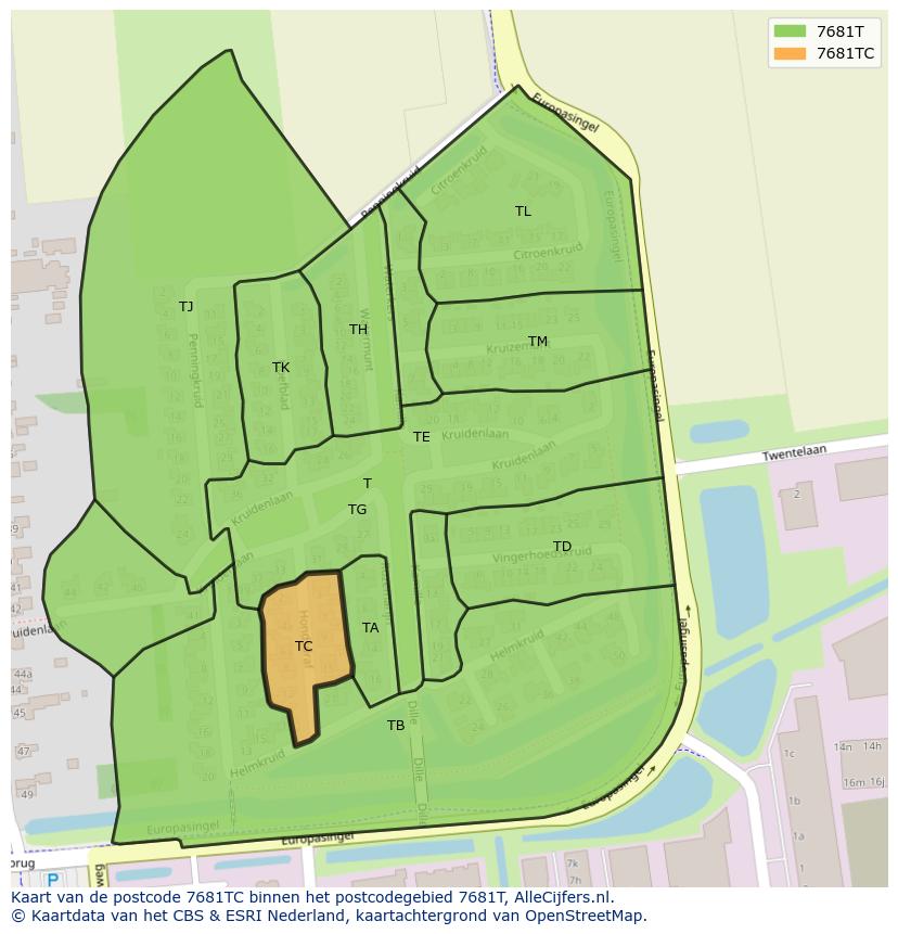 Afbeelding van het postcodegebied 7681 TC op de kaart.