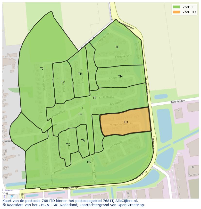 Afbeelding van het postcodegebied 7681 TD op de kaart.