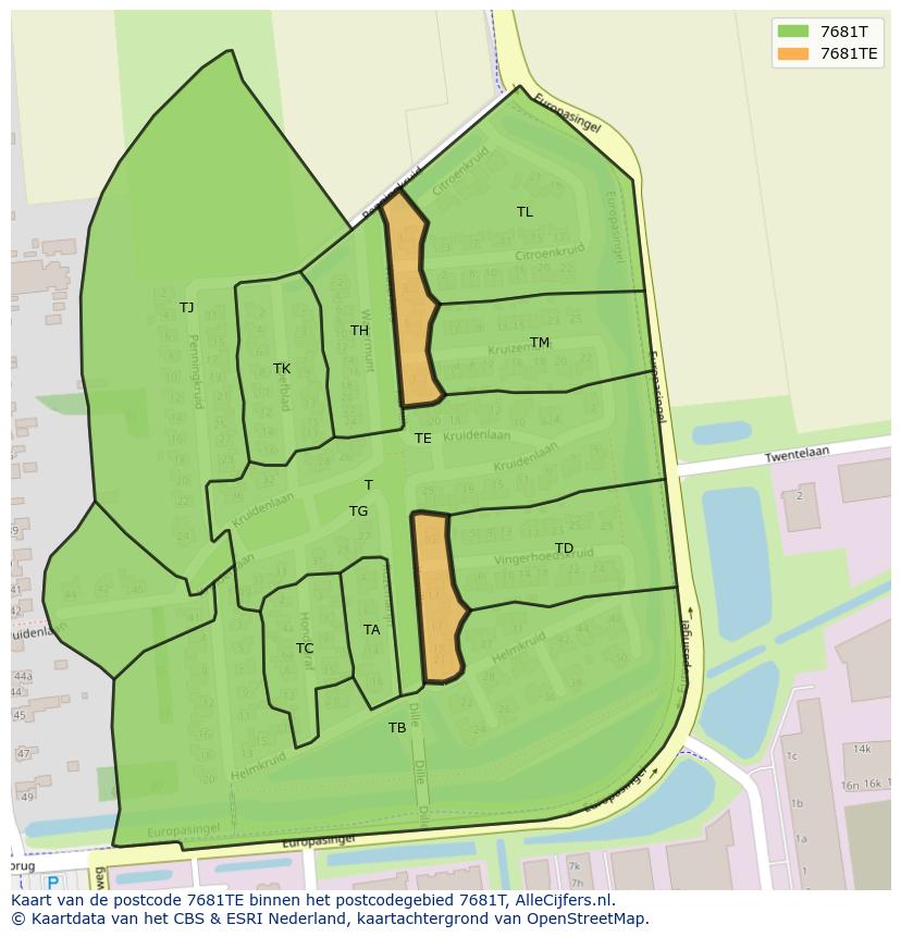 Afbeelding van het postcodegebied 7681 TE op de kaart.