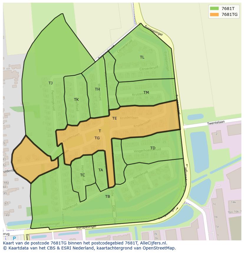 Afbeelding van het postcodegebied 7681 TG op de kaart.