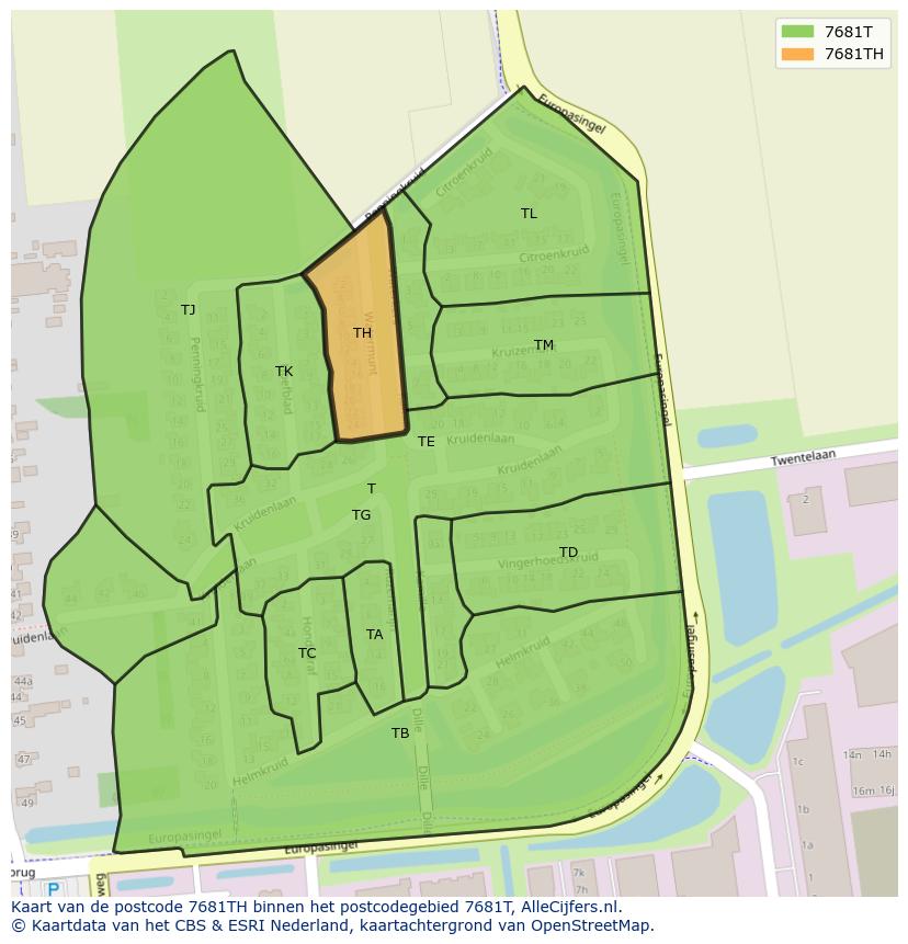 Afbeelding van het postcodegebied 7681 TH op de kaart.
