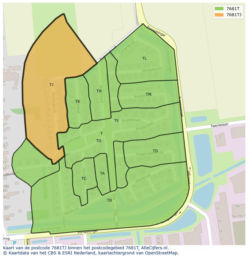 Afbeelding van het postcodegebied 7681 TJ op de kaart.