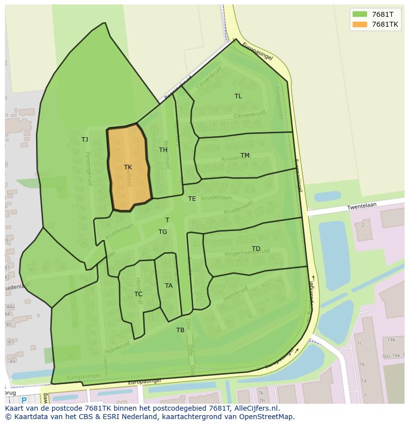 Afbeelding van het postcodegebied 7681 TK op de kaart.