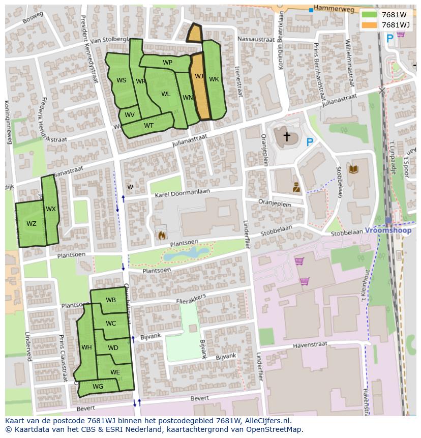 Afbeelding van het postcodegebied 7681 WJ op de kaart.