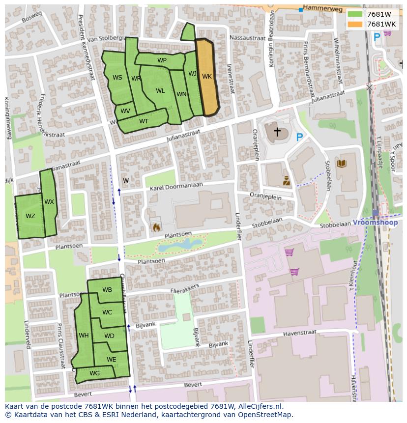 Afbeelding van het postcodegebied 7681 WK op de kaart.