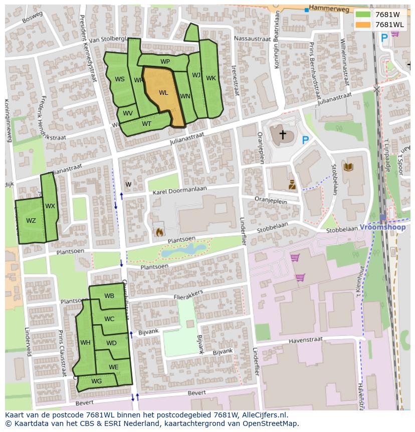 Afbeelding van het postcodegebied 7681 WL op de kaart.