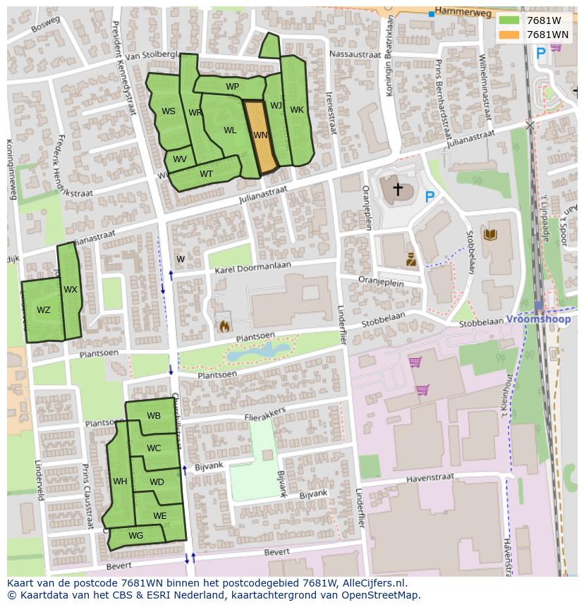Afbeelding van het postcodegebied 7681 WN op de kaart.