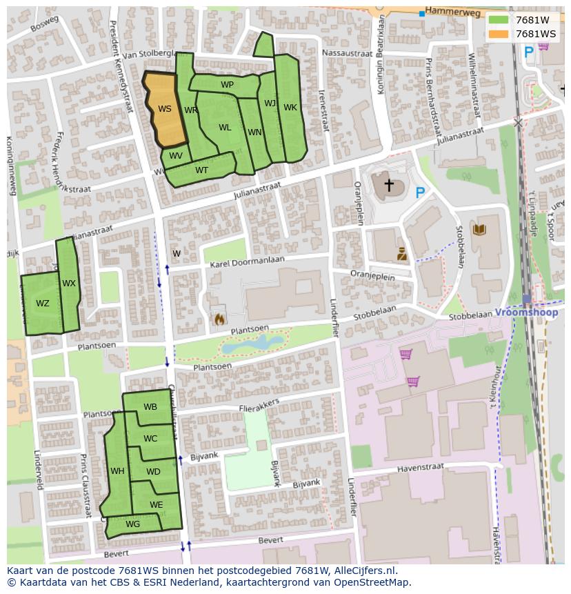 Afbeelding van het postcodegebied 7681 WS op de kaart.
