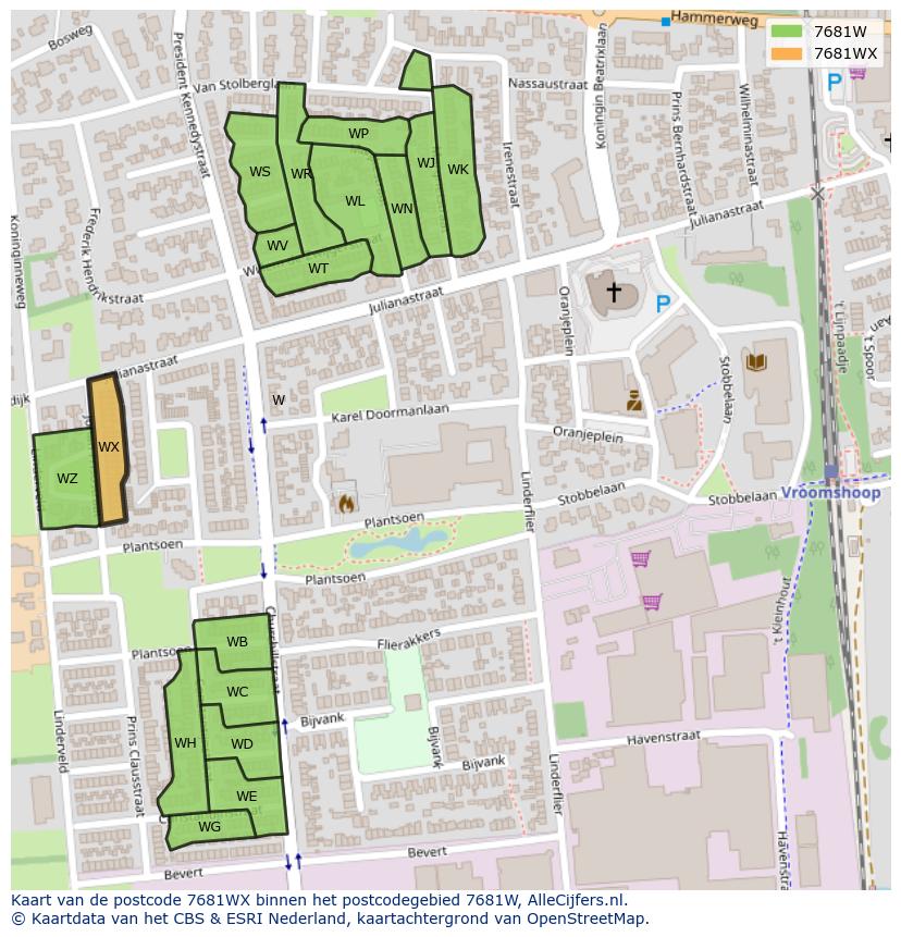 Afbeelding van het postcodegebied 7681 WX op de kaart.