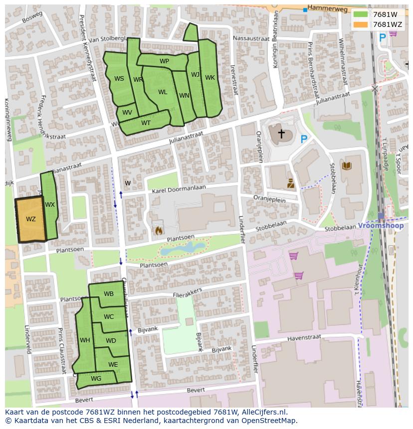Afbeelding van het postcodegebied 7681 WZ op de kaart.