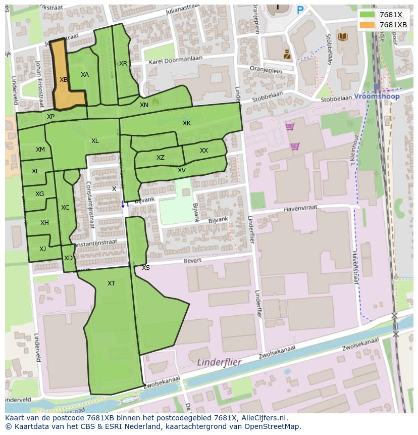 Afbeelding van het postcodegebied 7681 XB op de kaart.
