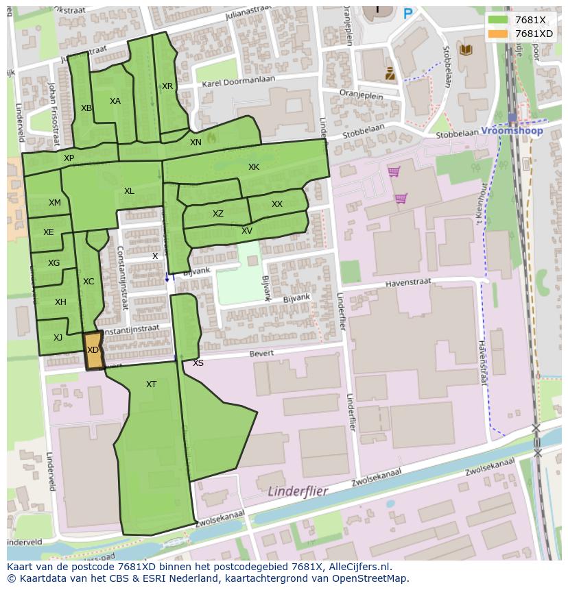 Afbeelding van het postcodegebied 7681 XD op de kaart.