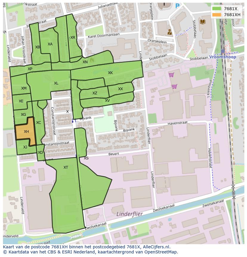 Afbeelding van het postcodegebied 7681 XH op de kaart.