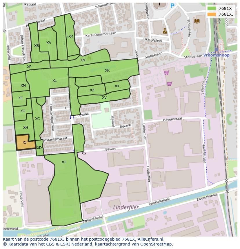 Afbeelding van het postcodegebied 7681 XJ op de kaart.
