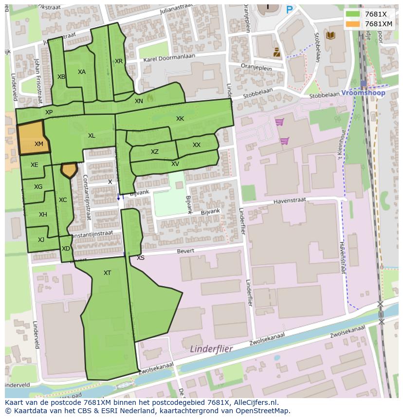 Afbeelding van het postcodegebied 7681 XM op de kaart.