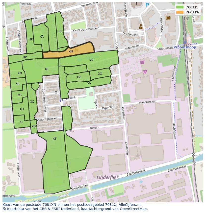 Afbeelding van het postcodegebied 7681 XN op de kaart.