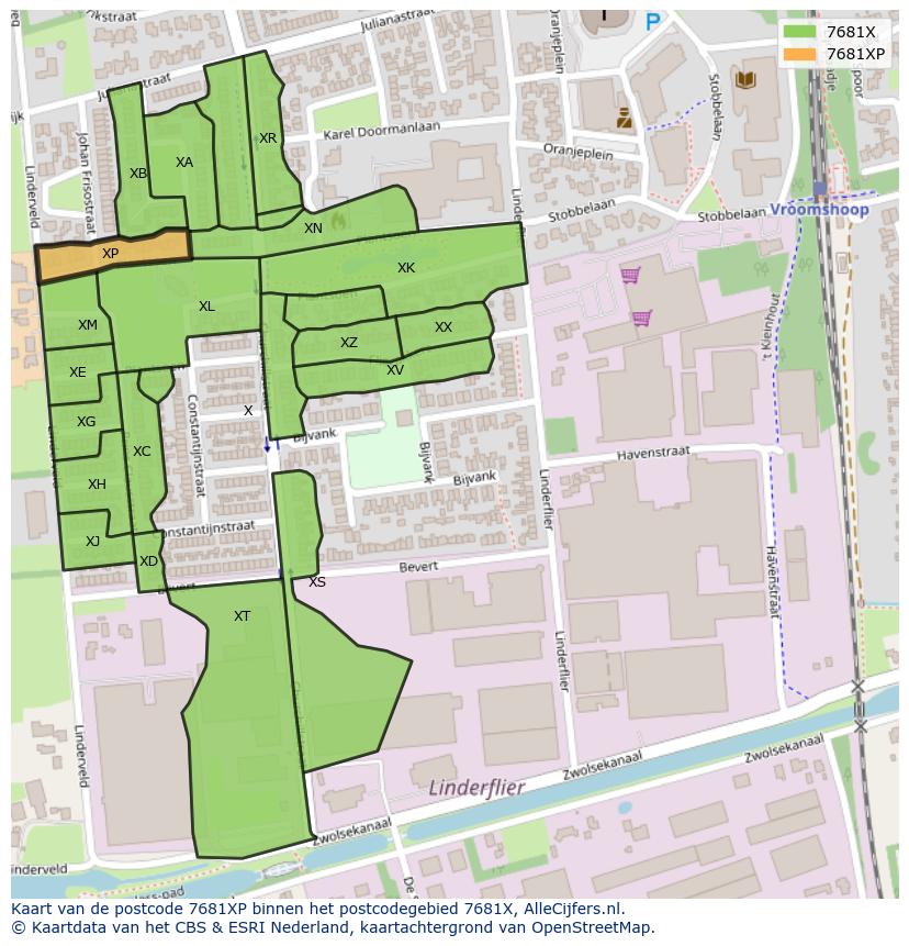 Afbeelding van het postcodegebied 7681 XP op de kaart.