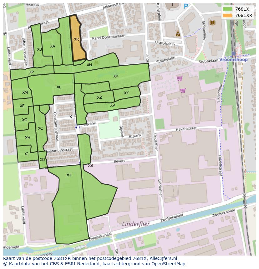 Afbeelding van het postcodegebied 7681 XR op de kaart.