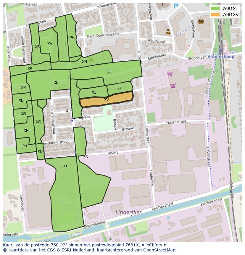 Afbeelding van het postcodegebied 7681 XV op de kaart.