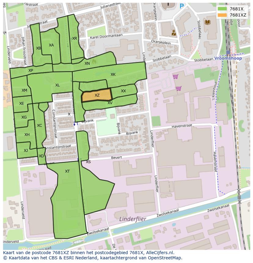 Afbeelding van het postcodegebied 7681 XZ op de kaart.