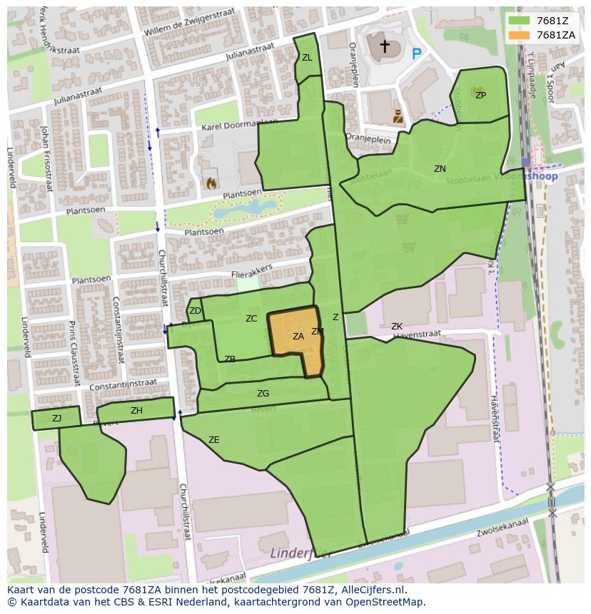 Afbeelding van het postcodegebied 7681 ZA op de kaart.