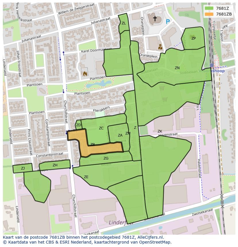 Afbeelding van het postcodegebied 7681 ZB op de kaart.