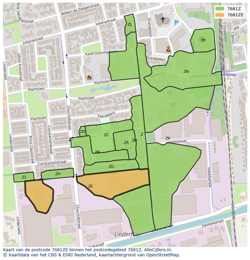 Afbeelding van het postcodegebied 7681 ZE op de kaart.