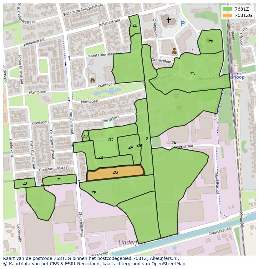Afbeelding van het postcodegebied 7681 ZG op de kaart.