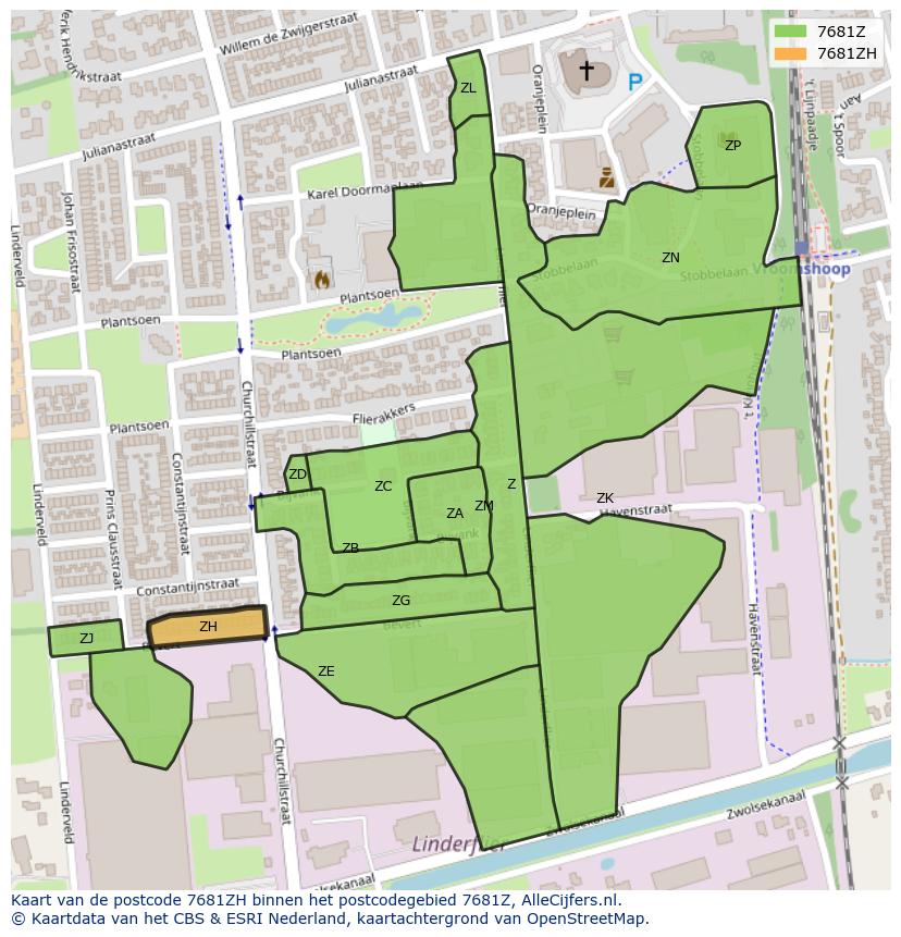 Afbeelding van het postcodegebied 7681 ZH op de kaart.