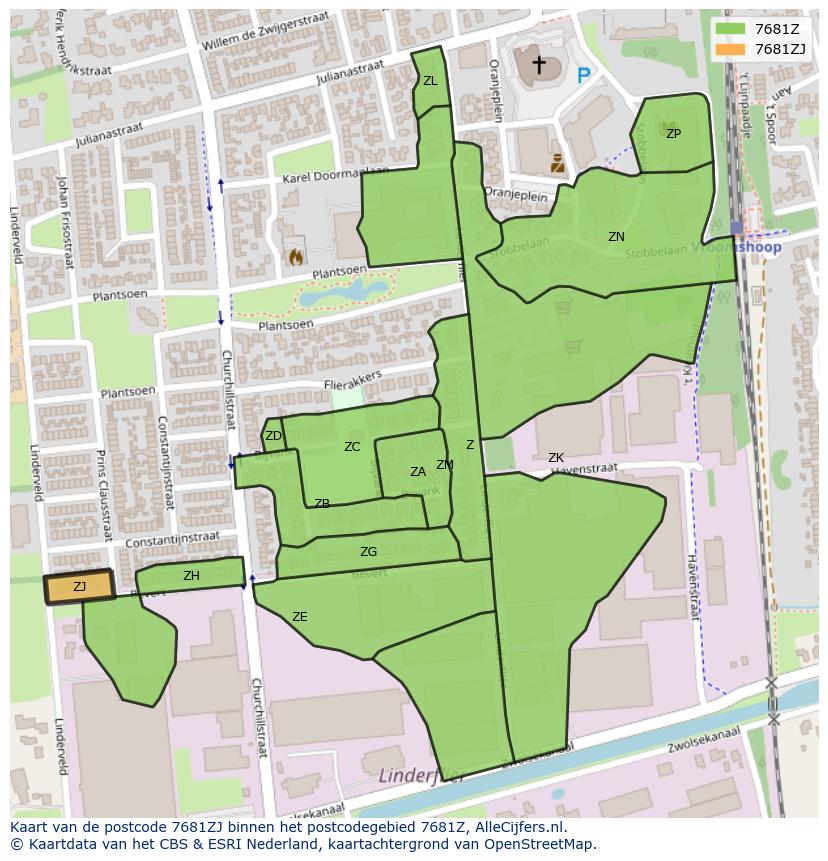 Afbeelding van het postcodegebied 7681 ZJ op de kaart.