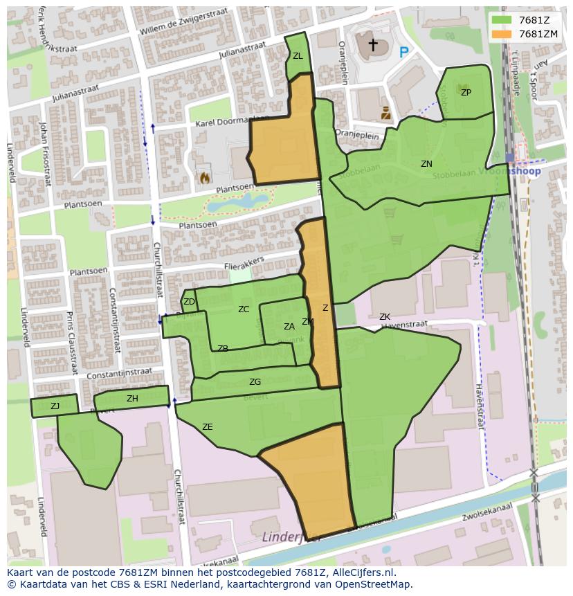 Afbeelding van het postcodegebied 7681 ZM op de kaart.