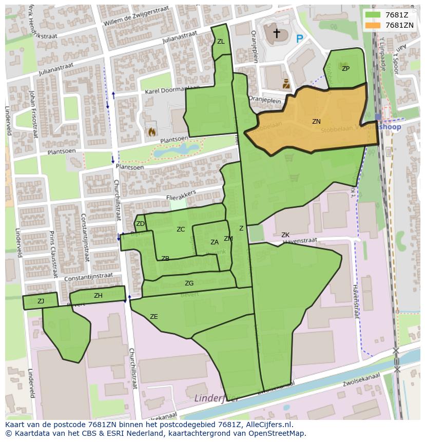 Afbeelding van het postcodegebied 7681 ZN op de kaart.