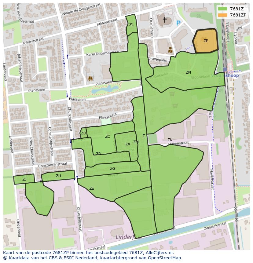 Afbeelding van het postcodegebied 7681 ZP op de kaart.