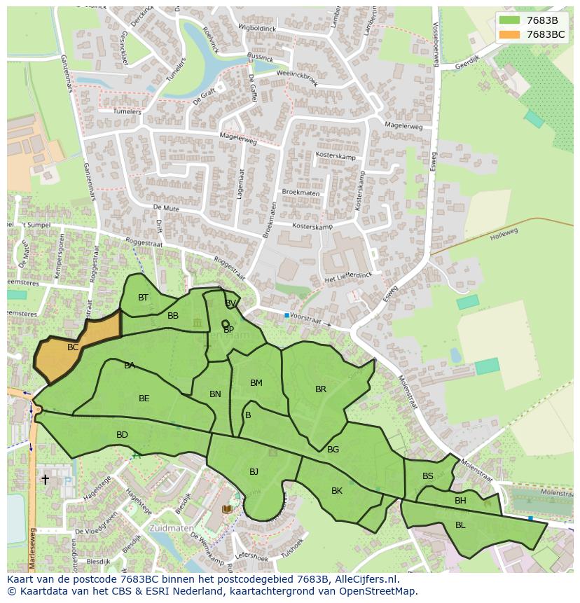 Afbeelding van het postcodegebied 7683 BC op de kaart.