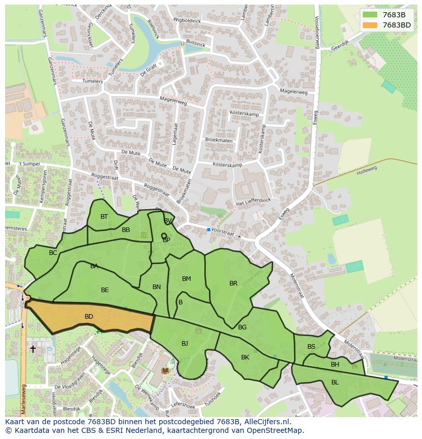 Afbeelding van het postcodegebied 7683 BD op de kaart.