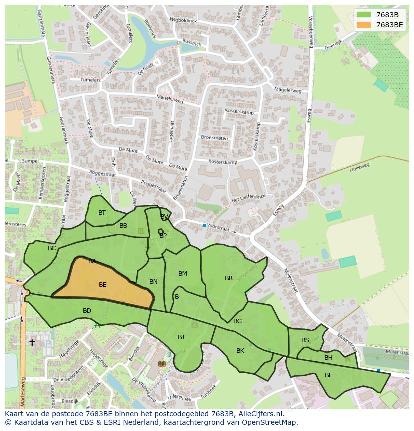 Afbeelding van het postcodegebied 7683 BE op de kaart.