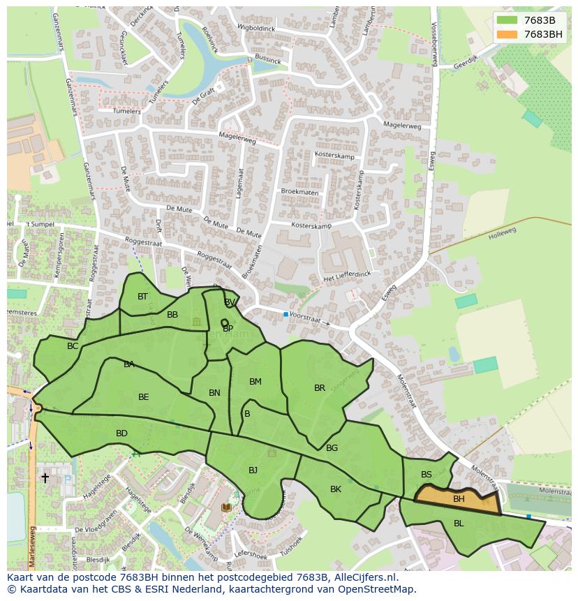 Afbeelding van het postcodegebied 7683 BH op de kaart.