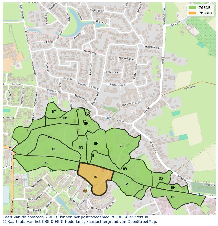 Afbeelding van het postcodegebied 7683 BJ op de kaart.