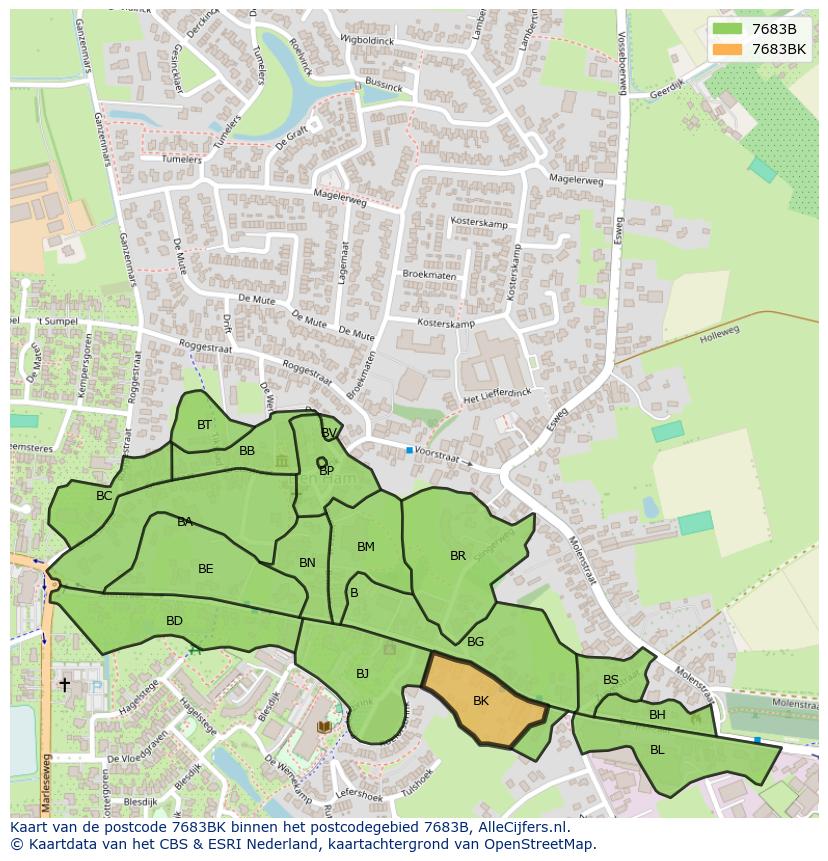 Afbeelding van het postcodegebied 7683 BK op de kaart.