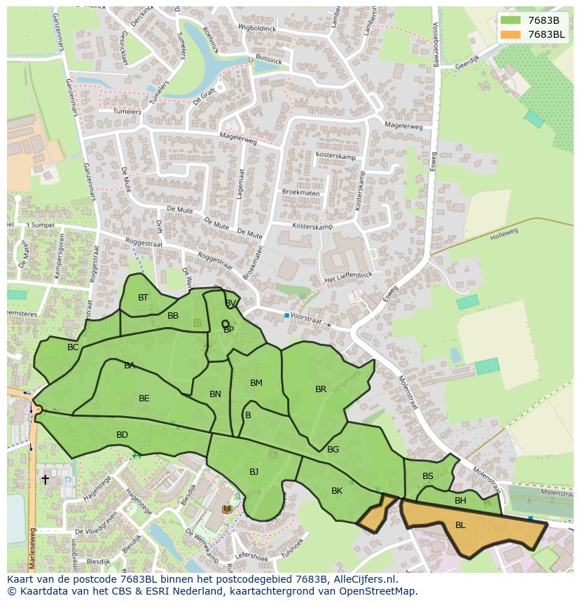 Afbeelding van het postcodegebied 7683 BL op de kaart.