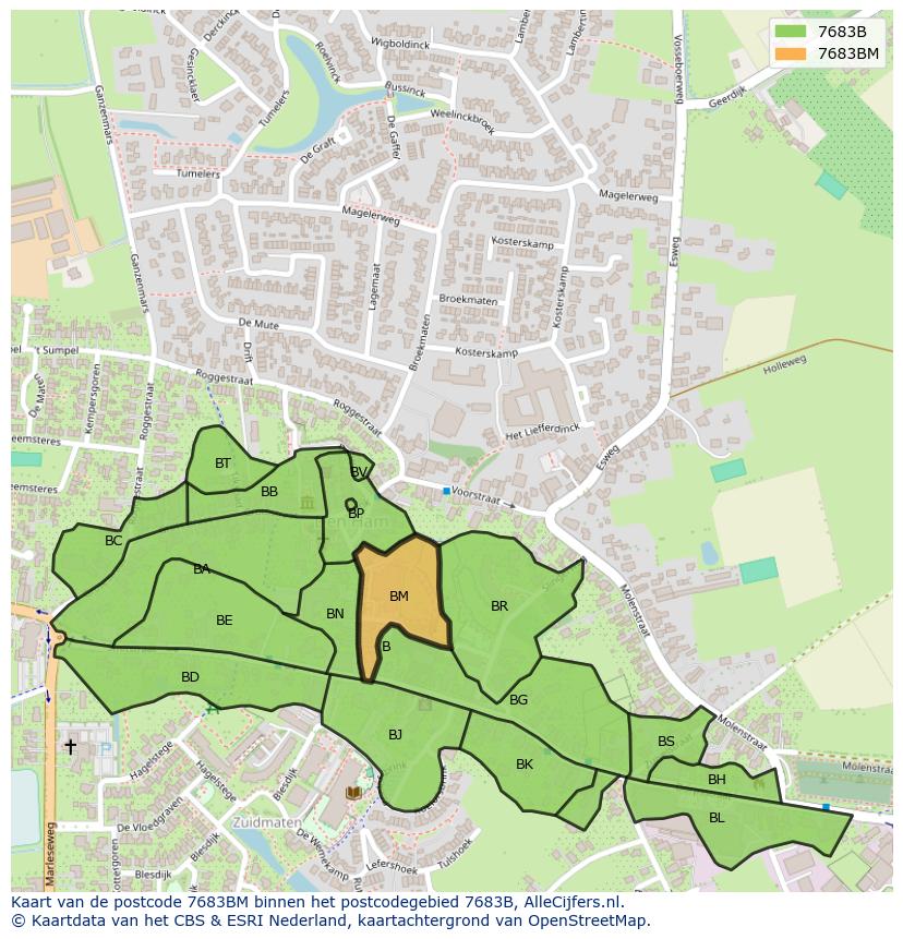 Afbeelding van het postcodegebied 7683 BM op de kaart.