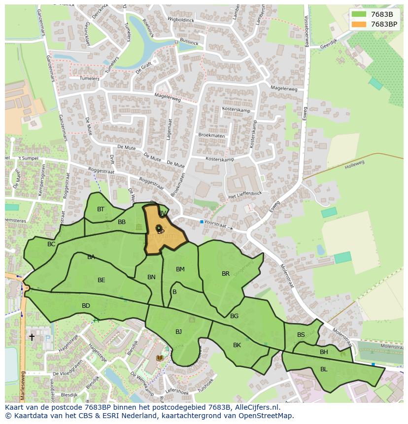 Afbeelding van het postcodegebied 7683 BP op de kaart.