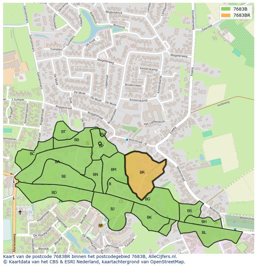 Afbeelding van het postcodegebied 7683 BR op de kaart.