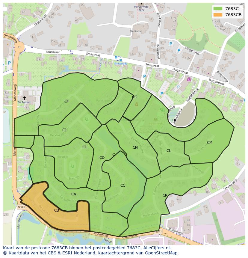 Afbeelding van het postcodegebied 7683 CB op de kaart.