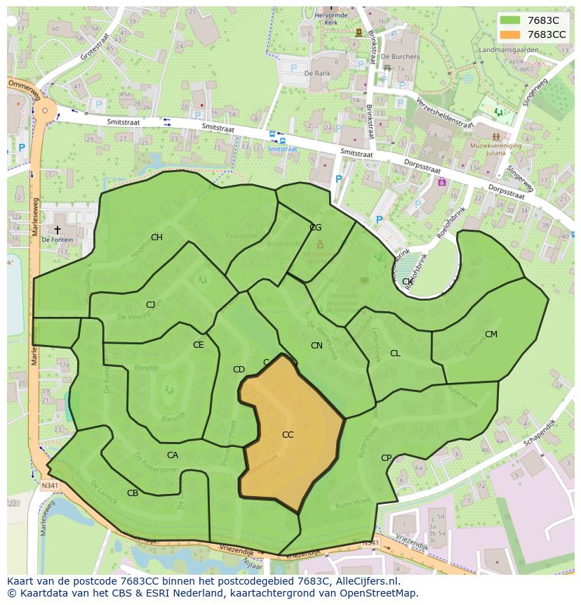 Afbeelding van het postcodegebied 7683 CC op de kaart.