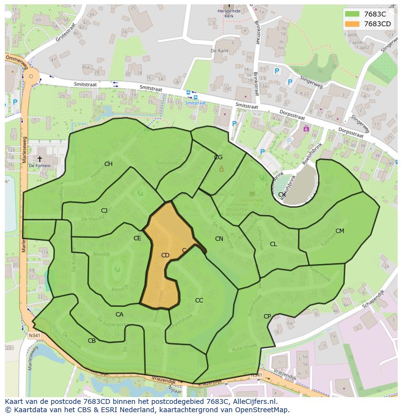 Afbeelding van het postcodegebied 7683 CD op de kaart.