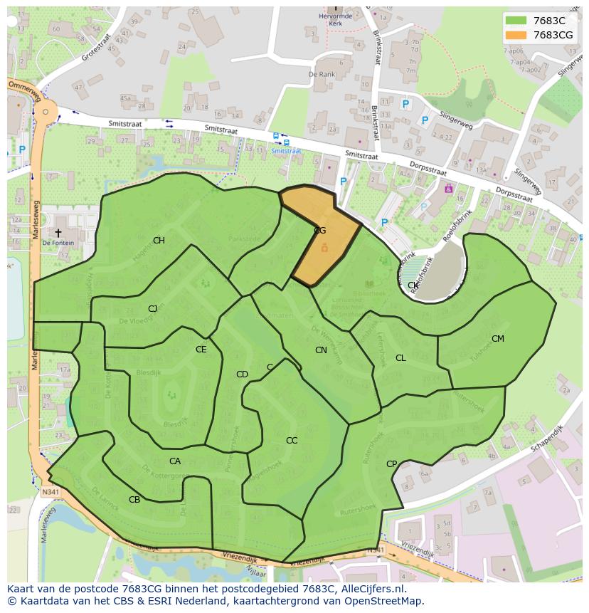 Afbeelding van het postcodegebied 7683 CG op de kaart.