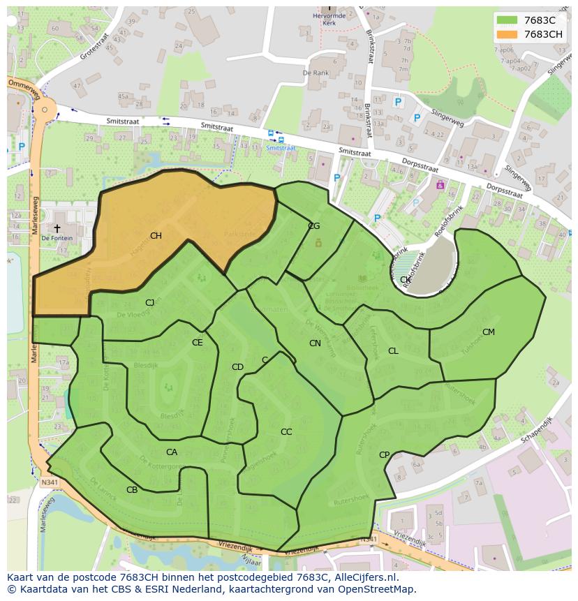 Afbeelding van het postcodegebied 7683 CH op de kaart.