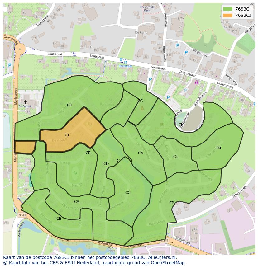 Afbeelding van het postcodegebied 7683 CJ op de kaart.